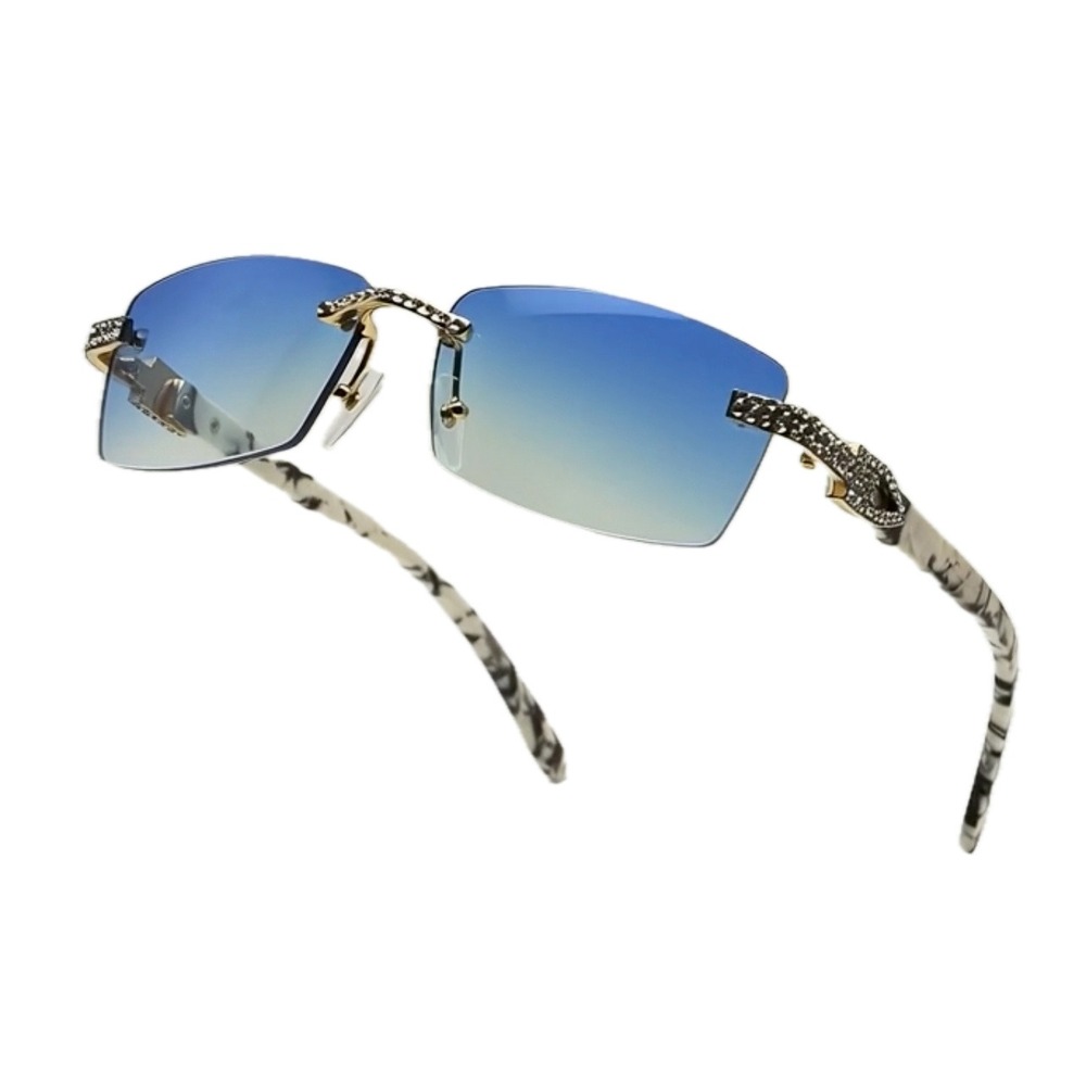 Sunglasses Blue Lens Men Gangster Rhinestone Stud Rimless Rectangle 90s Rapper - Picture 8 of 9